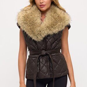NWT Luxe Faux Fur Collar Chocolate Brown Quilted Vest Jacket with Belt
